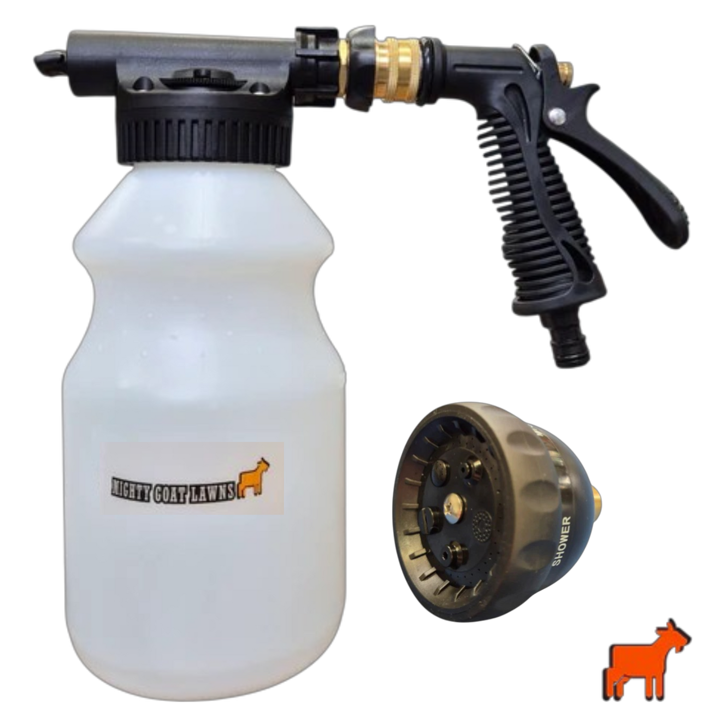 Mighty Goat Lawns hose-on sprayer 1L and 2L product range in orange and black.