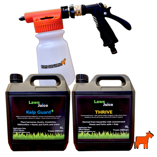 Two 4L black plastic jugs of Lawn Juice lawn care products labeled Kelp Guard+ and THRIVE, shown with a white spray bottle and orange-and-black nozzle on a plain white background.