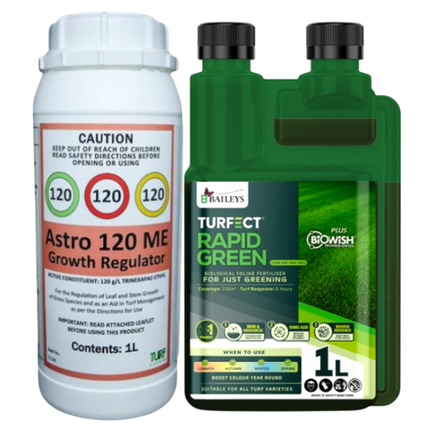 Astro 120 plant growth regulator and Baileys Liquid Iron and Manganese bundle for lawn mowing reduction and deep green colour