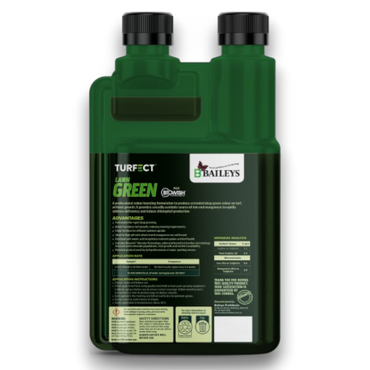Baileys Lawn Green 1L back label showing 6.4% Fe and 2.8% Mn iron and manganese analysis and application rates