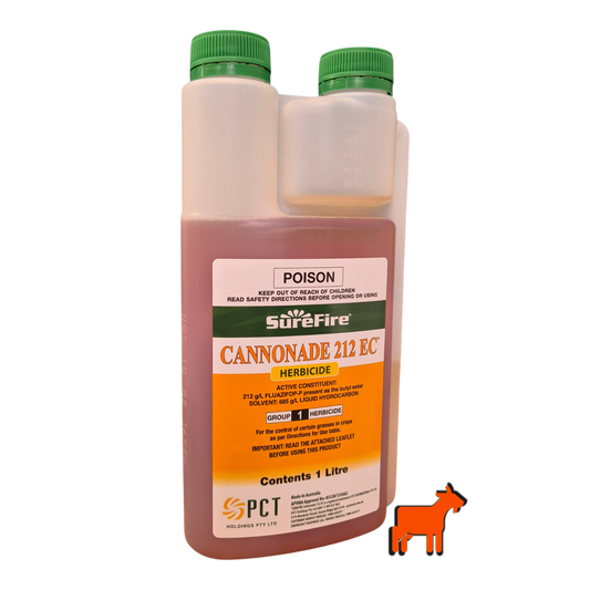 Cannonade 212 Herbicide 1L back label showing application rates for grass control in garden beds and ornamental areas