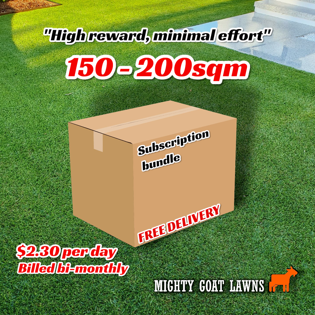 Mighty Goat Lawns lawn care subscription box for 150–200m² lawns – granular fertiliser, liquid fertiliser and wetting agent