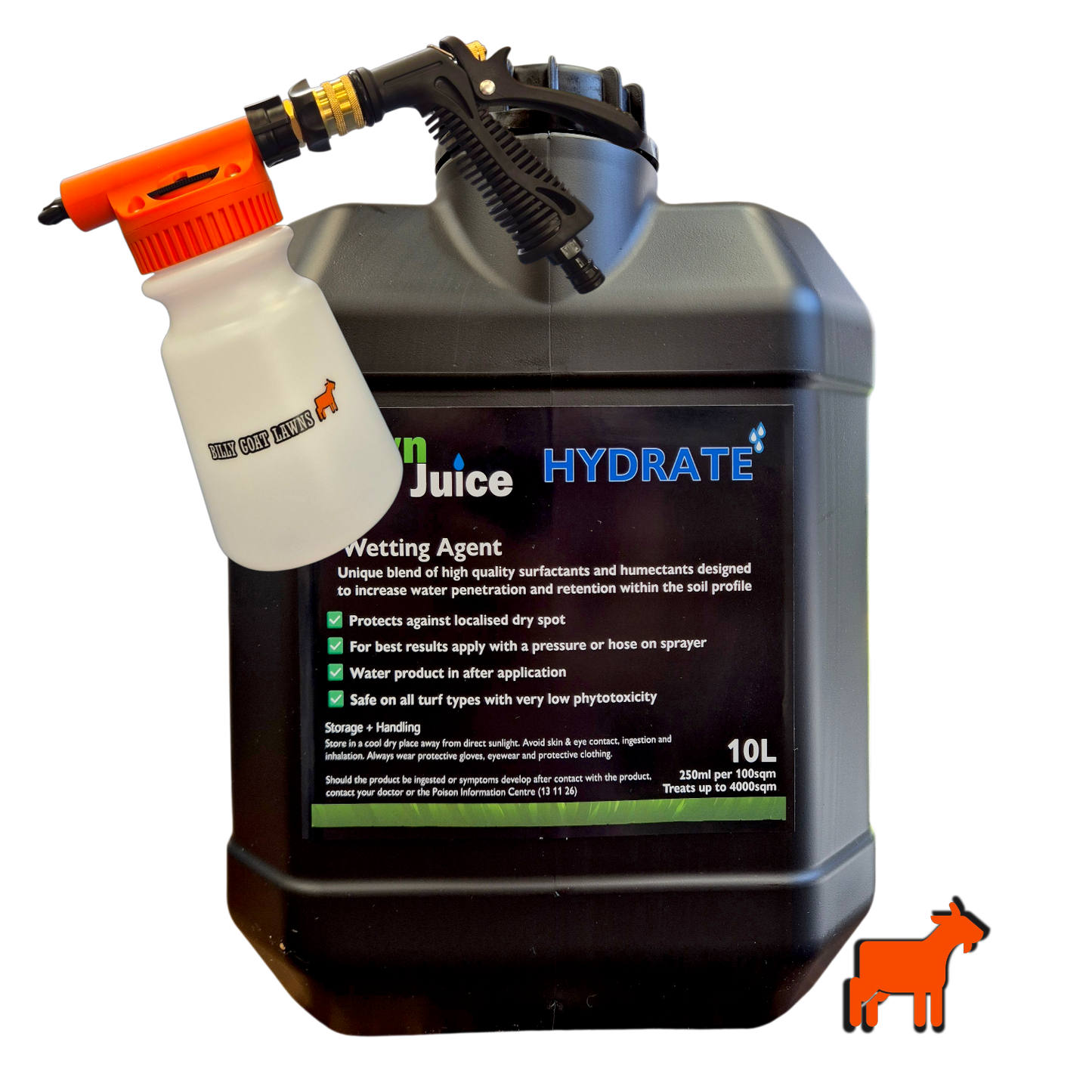 Lawn Juice Hydrate label detail showing application rates for hose-on and pressure sprayer