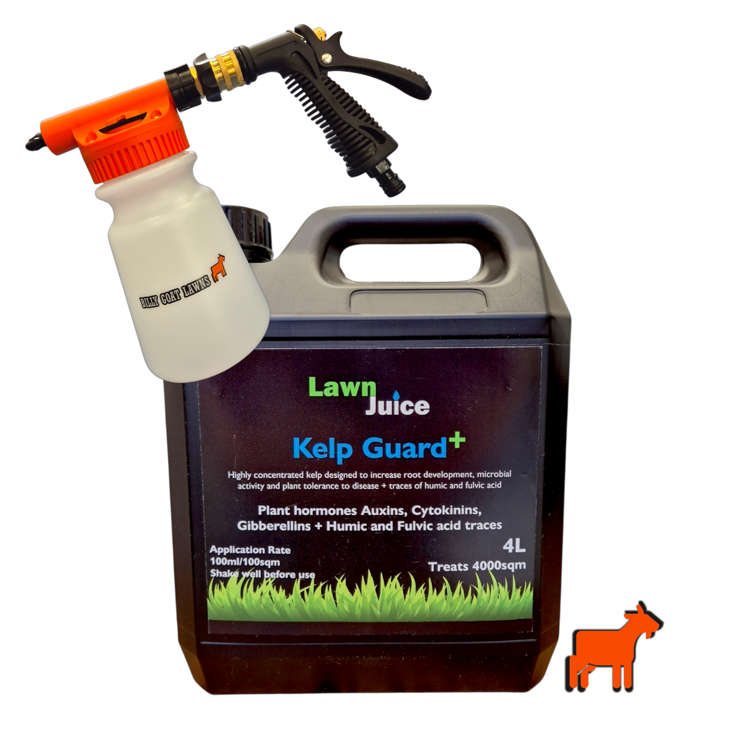 Lawn Juice Kelp Guard+ 4L with hose-on sprayer for convenient lawn biostimulant application
