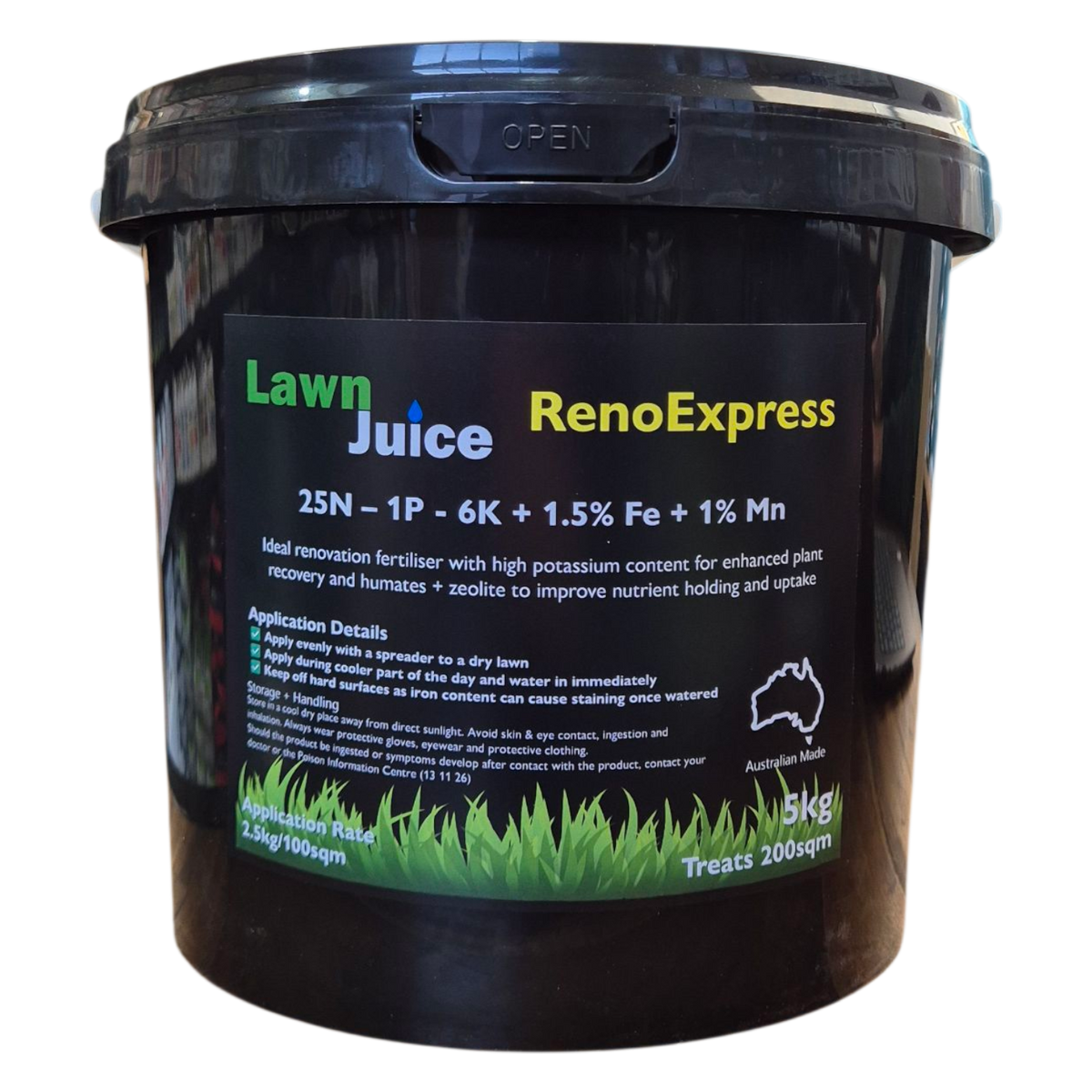 Lawn Juice RenoExpress 5kg granular fertiliser – included in the Lawn Juice Reno Pack for post-renovation growth