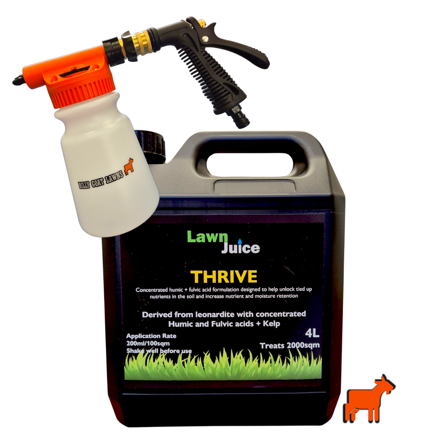 Lawn Juice Thrive 4L with hose-on sprayer included for convenient lawn soil conditioning