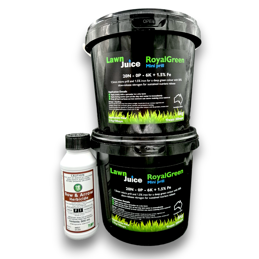 Lawn Juice Weed and Feed Mini-Prill bundle 400sqm – larger size RoyalGreen and Bow and Arrow herbicide pack