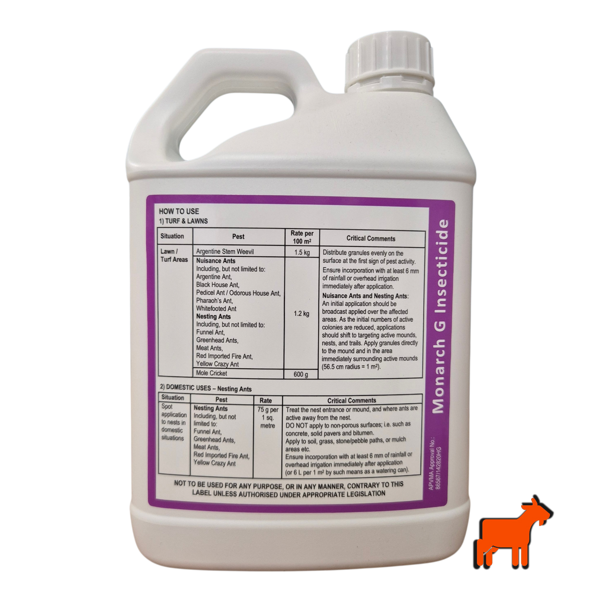 Monarch G back label showing application rates and instructions for mole cricket, ant and Argentine stem weevil control