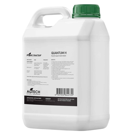 Plant Doctor Quantum H rear label showing application rates and ingredient details for liquid humic acid soil conditioner