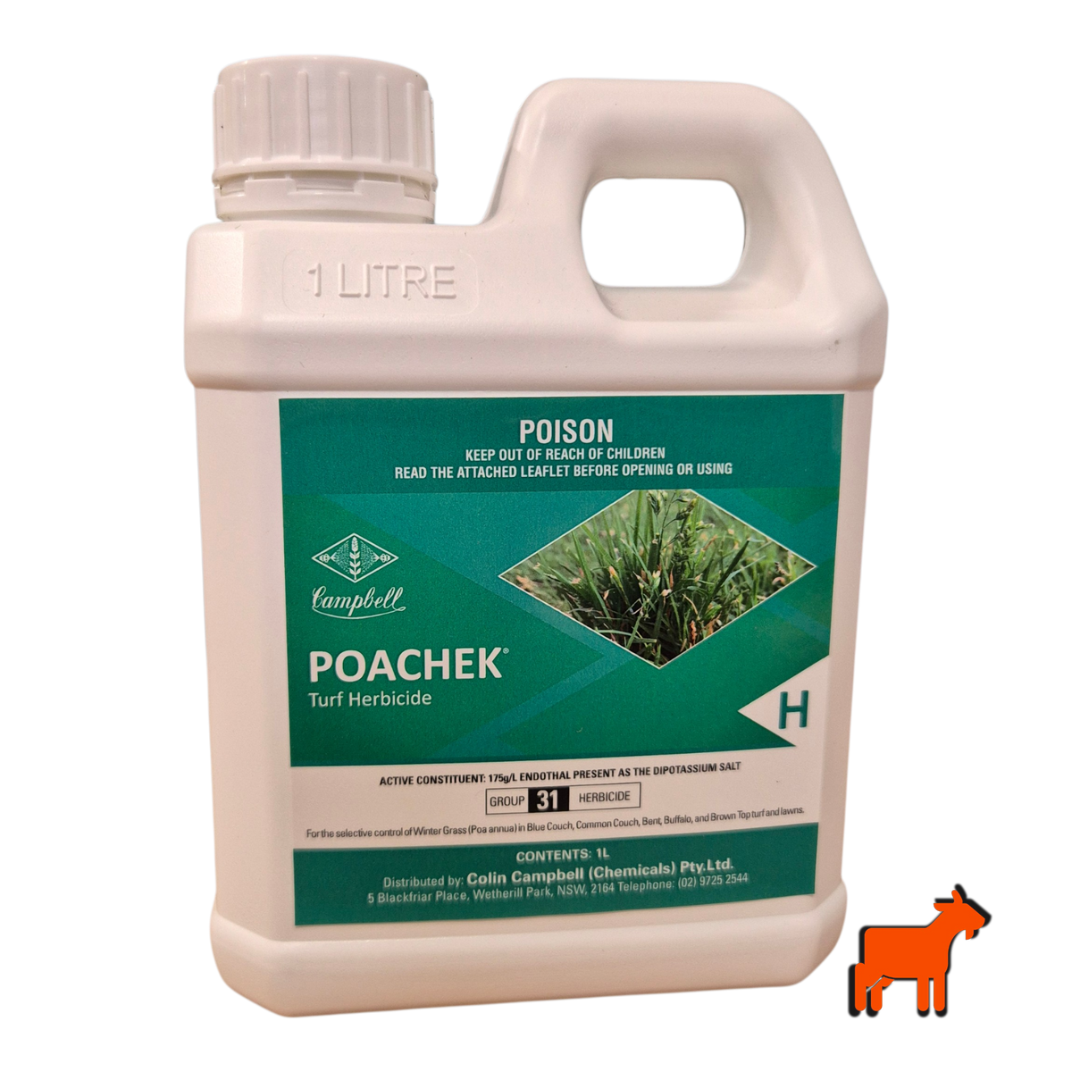 Poachek wintergrass herbicide front label showing application rate and lawn type compatibility