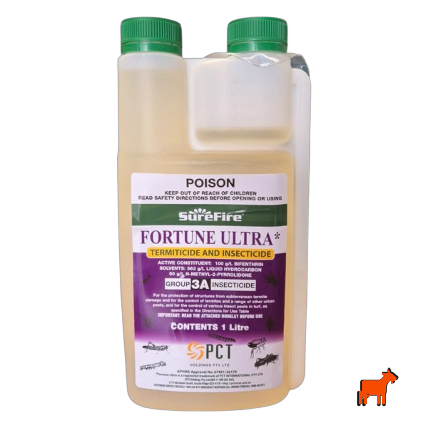 Surefire Fortune Ultra Bifenthrin insecticide bottle for armyworm, lawn grubs, black beetle and termite control in Australian lawns