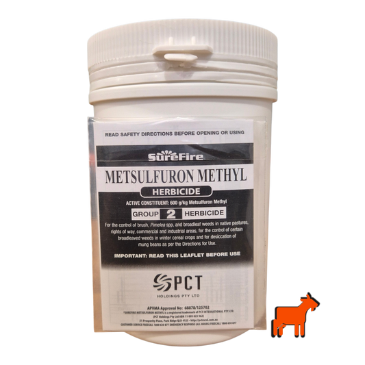 Surefire Metsulfuron Methyl Herbicide 500g for onion weed, Guildford grass, oxalis and broadleaf weed control label