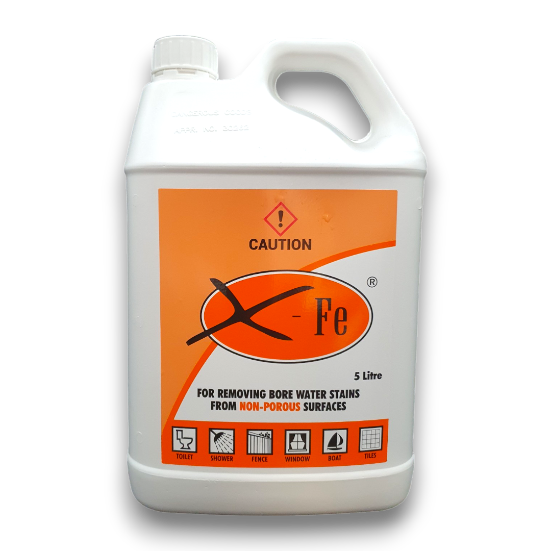 X-Fe 5L bore water iron stain remover for larger non-porous surface areas – tiles, fibreglass and painted surfaces