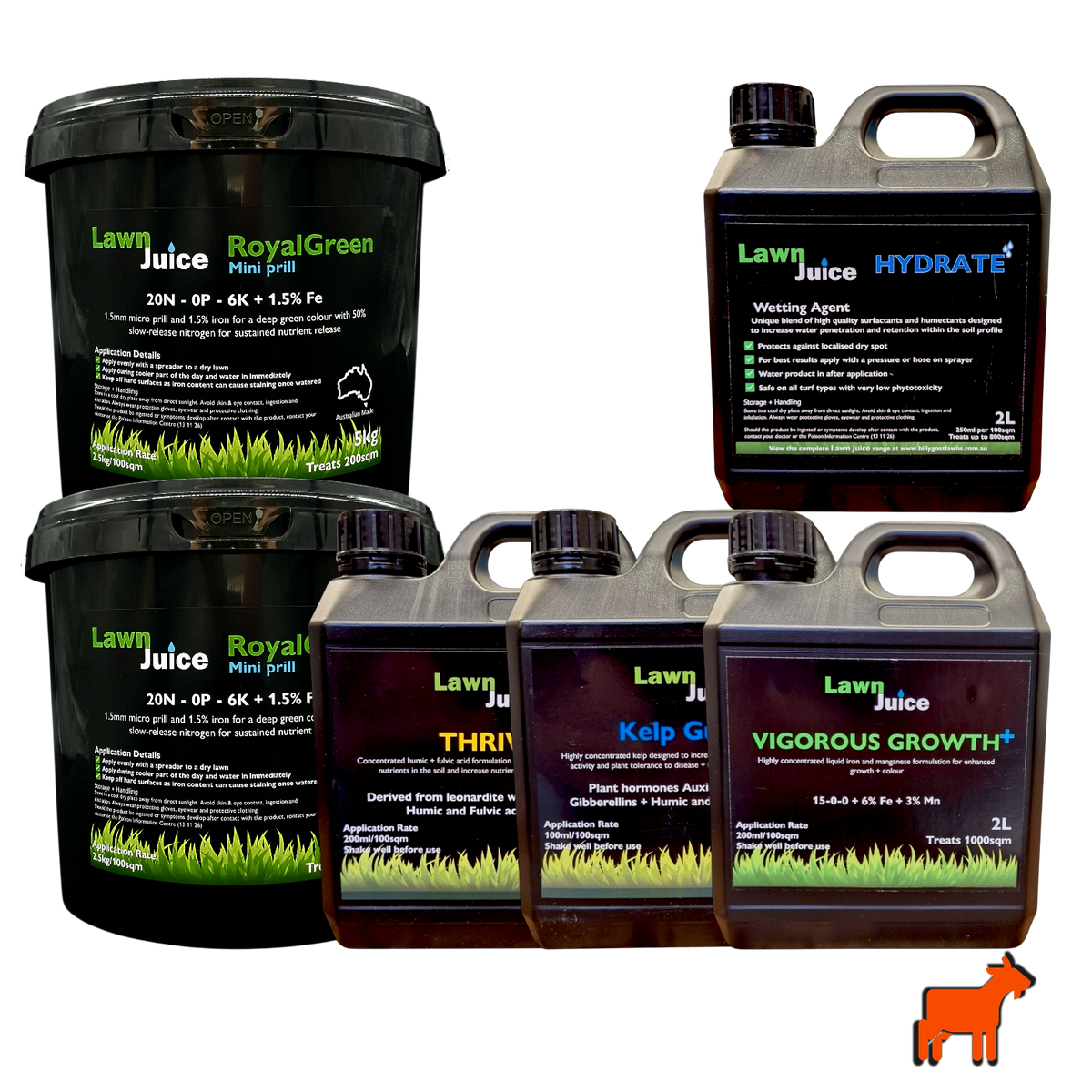 Mighty Goat Lawns year-round lawn care bundle β large size, all products laid out