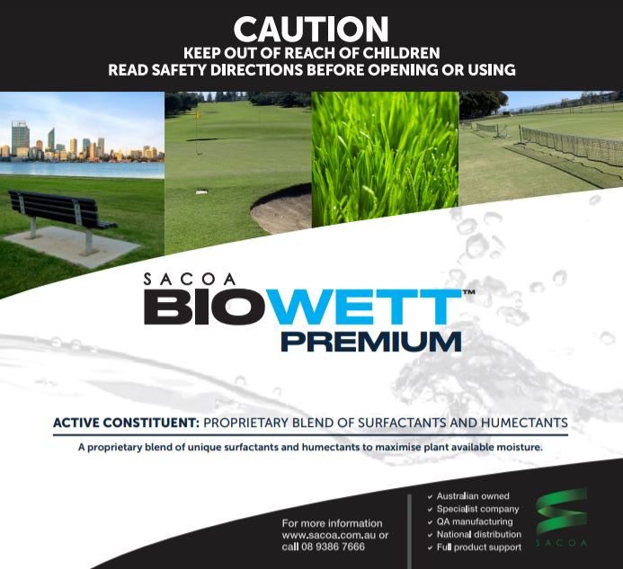 Biowett Premium wetting agent being applied to Australian lawn using pressure sprayer