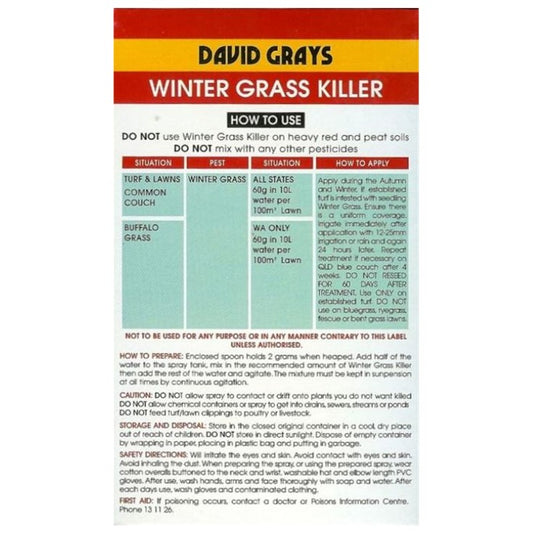 David Grays Wintergrass Killer back label showing application rate 60g per 10L water and lawn type compatibility