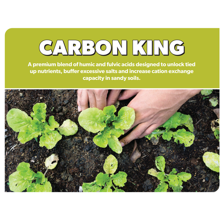 PGF Carbon King product label showing humic and fulvic acid concentration and application instructions