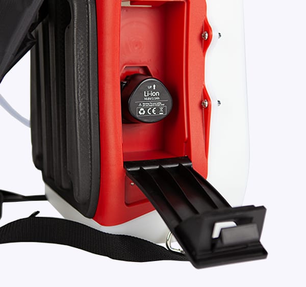 Solo 414Li battery slot showing 10.8V lithium-ion battery removal and insertion