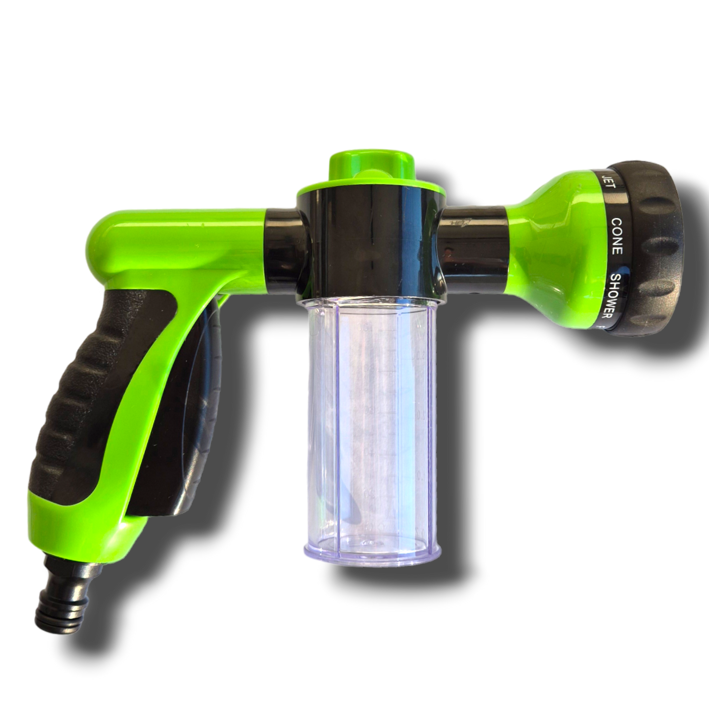 100ml hose-on sprayer showing adjustable 8-position spray pattern dial – jet, full, mist, cone and more