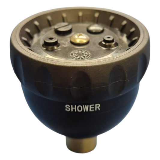 Close-up of 5-way quick connect sprayer head showing shower, jet, flat, centre and mist spray patterns