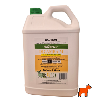 Front view of Dicamba M herbicide packaging for lawn weed control