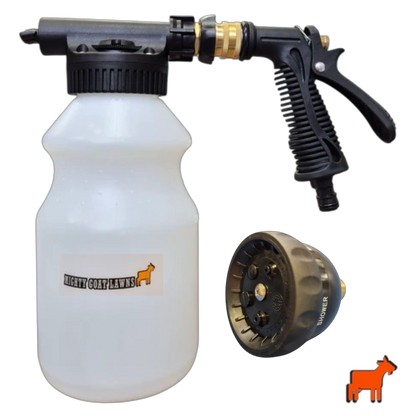Mighty Goat Lawns hose-on sprayer 1L and 2L product range in orange and black.