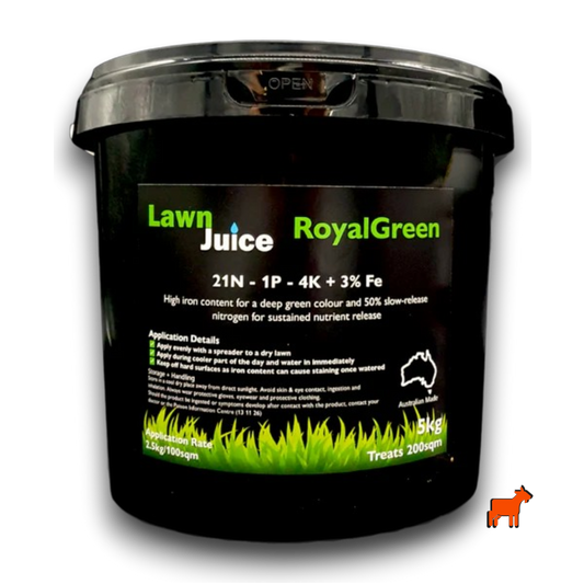 Lawn Juice RoyalGreen granular lawn fertiliser bag – high iron, 50% slow release for deep green colour in Australian lawns