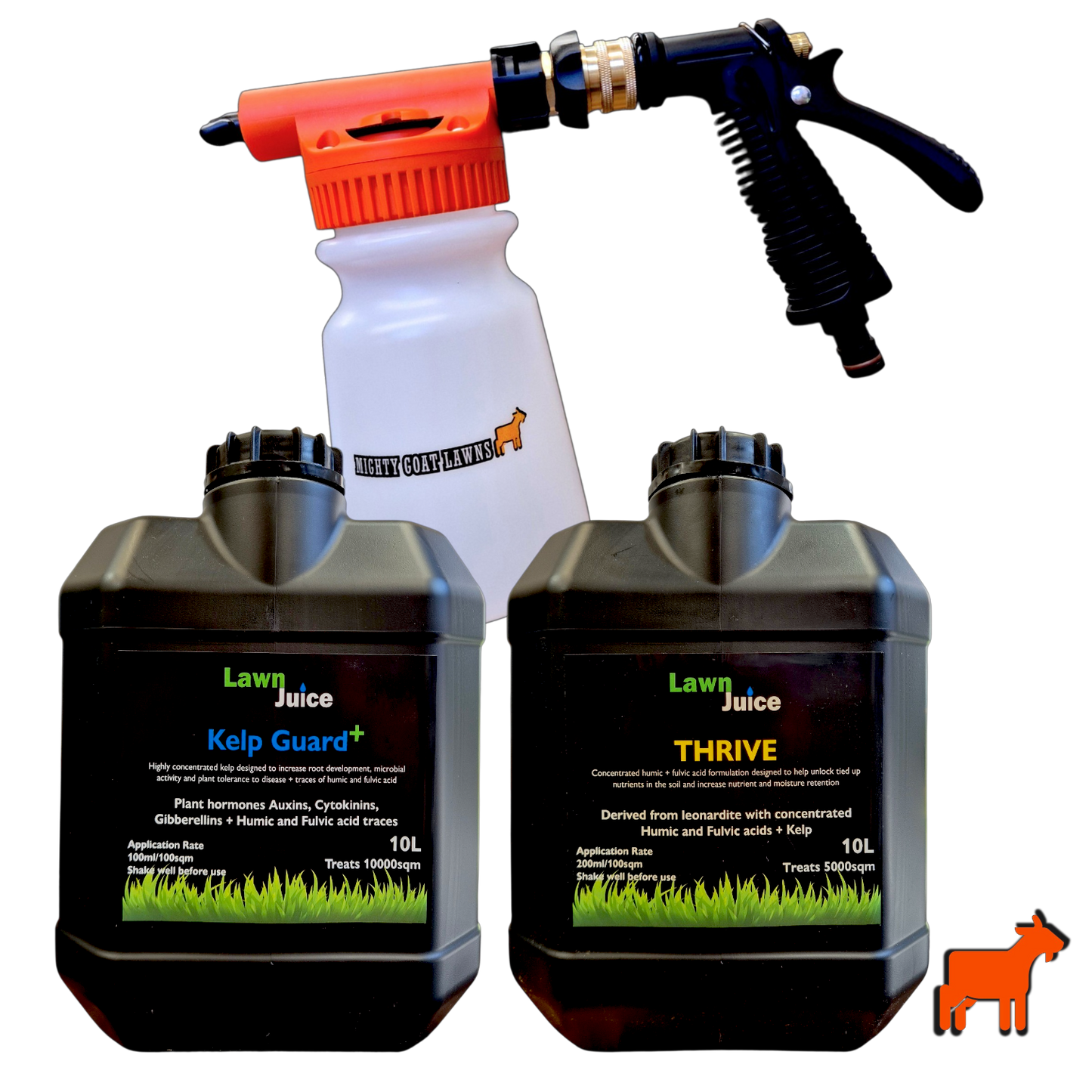 Two 10L black plastic bottles of Lawn Juice lawn care products labeled Kelp Guard+ and THRIVE, shown with a white spray bottle and orange spray nozzle on a plain white background.