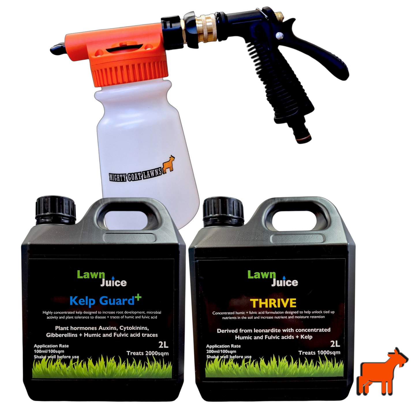 A lawn care product bundle featuring two 2L bottles of Lawn Juice Kelp Guard+ and Thrive, alongside a white spray bottle with an orange nozzle and a black spray wand, all on a white background.