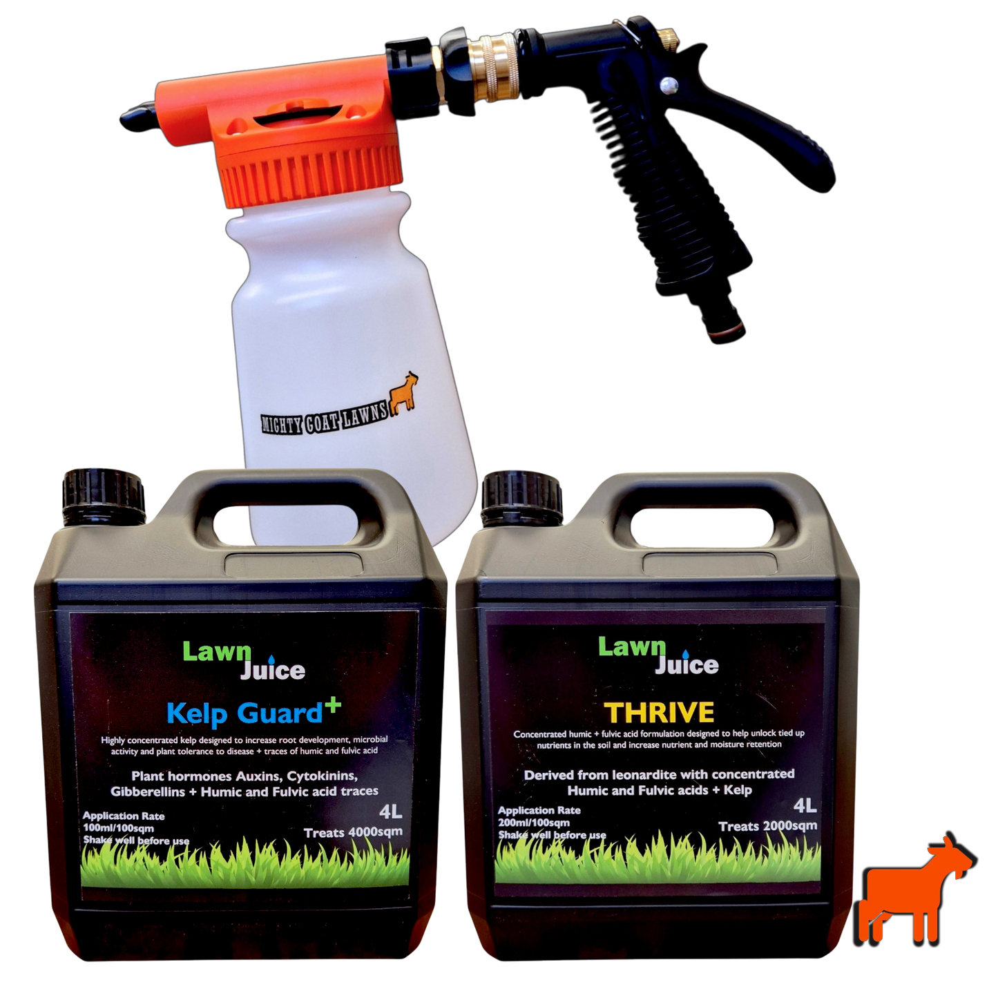 Two 4L black plastic jugs of Lawn Juice lawn care products labeled Kelp Guard+ and THRIVE, shown with a white spray bottle and orange-and-black nozzle on a plain white background.