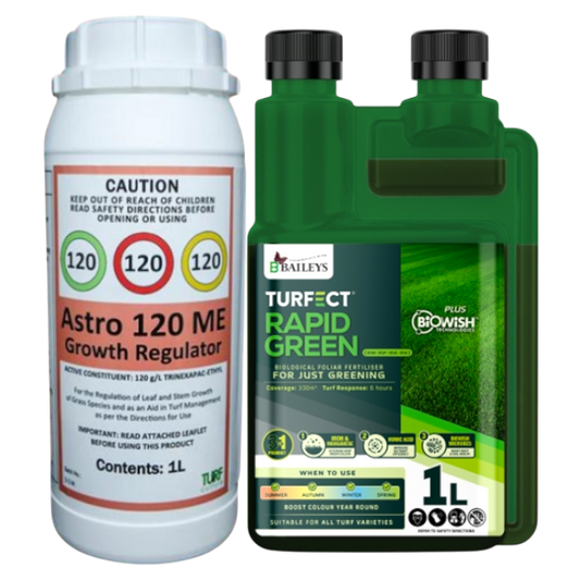 Astro 120 plant growth regulator and Baileys Liquid Iron and Manganese bundle for lawn mowing reduction and deep green colour