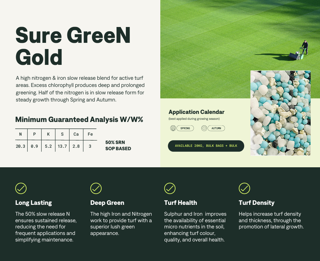 Baileys SureGreen Gold 20kg granular lawn fertiliser – 3.0% high iron, 50% slow release for deep green colour