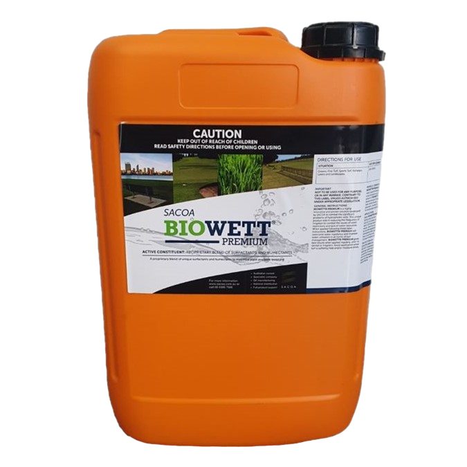 Biowett Premium 2L and 4L wetting agent bottles – SACOA soil wetter for residential and commercial turf