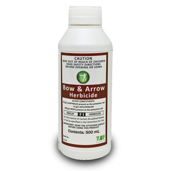 Bow and Arrow 500ml selective broadleaf herbicide for bindii, clover and oxalis control in Australian lawns