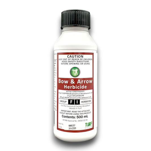 Bow and Arrow 500ml broadleaf herbicide for bindii, clover and oxalis control in Australian lawns
