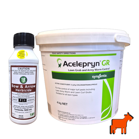 Bow and Arrow herbicide and Acelepryn insecticide lawn bundle pack for weed and pest control