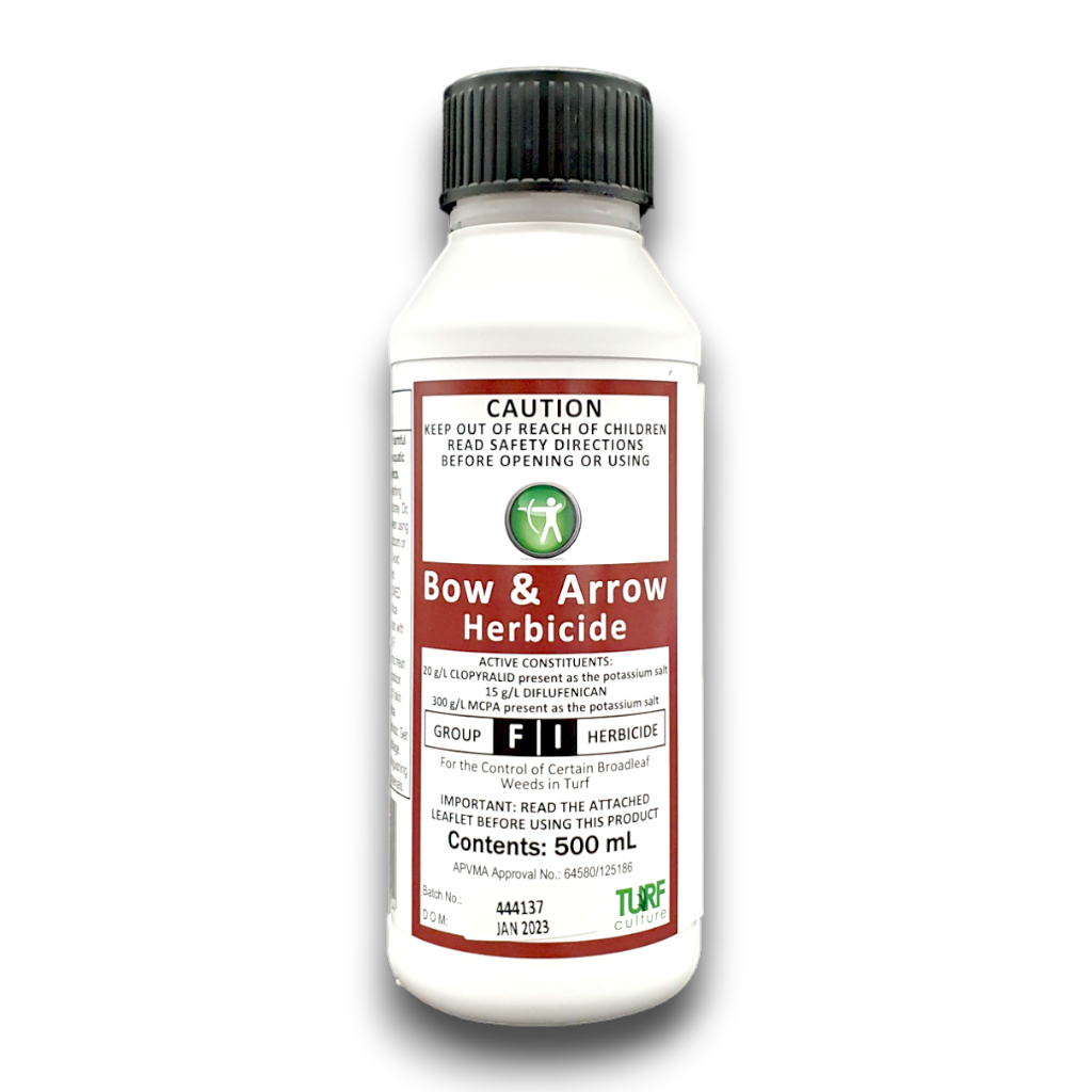 Bow and Arrow 500ml selective broadleaf herbicide for bindii, clover and oxalis control in Buffalo, Couch and Kikuyu lawns