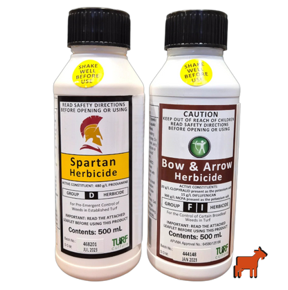 Bow and Arrow 500ml post-emergent herbicide and Spartan pre-emergent herbicide bundle for broadleaf weed and wintergrass control