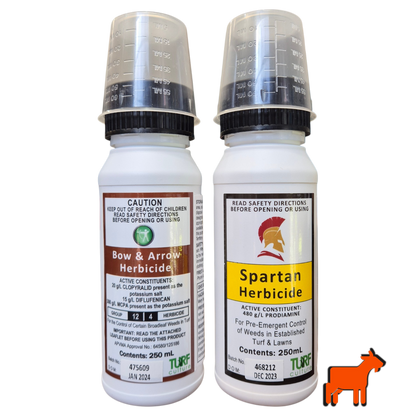 Bow and Arrow herbicide and Spartan pre-emergent shown together – complete post and pre-emergent weed control bundle