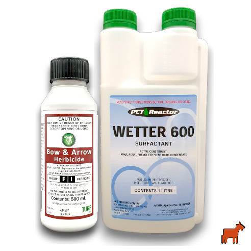 Bow and Arrow 500ml herbicide and Wetter 600 surfactant bundle for broadleaf weed control in Australian lawns