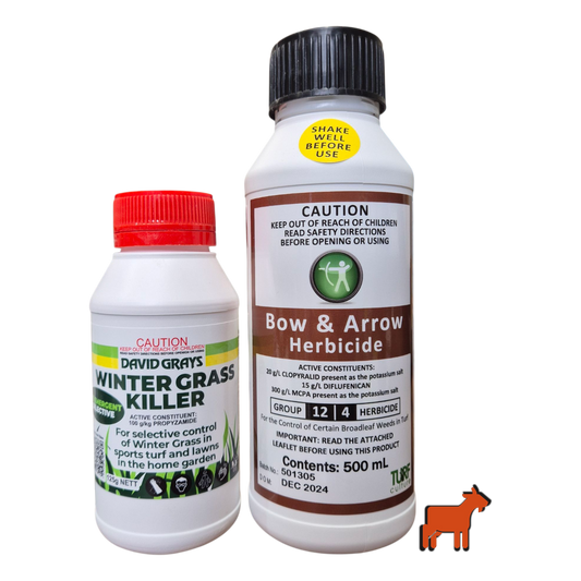 Bow and Arrow 500ml herbicide and David Grays Wintergrass Killer 125g lawn weed control bundle
