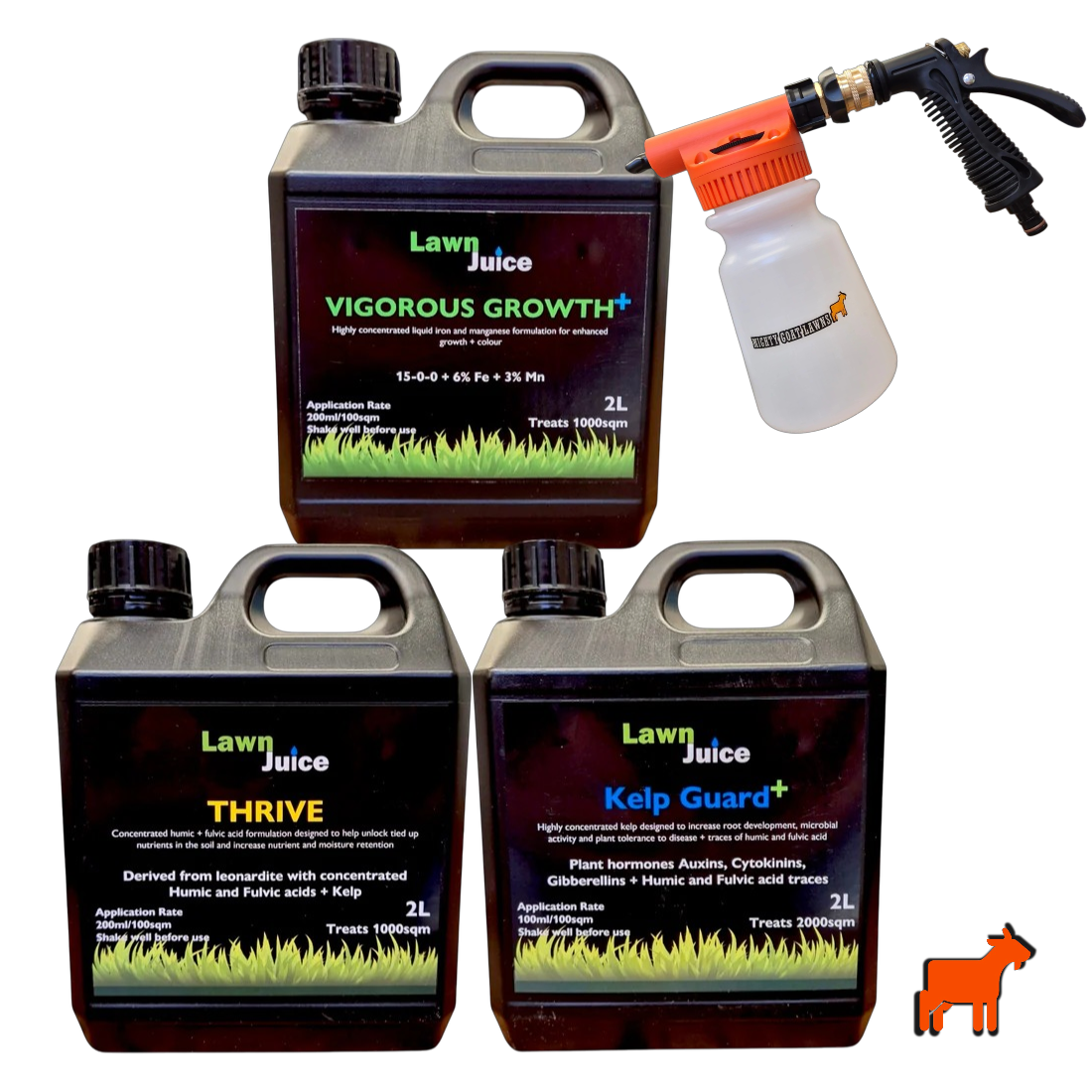 Lawn Juice Liquids Bundle with hose-on sprayer – 2L liquid lawn fertiliser set