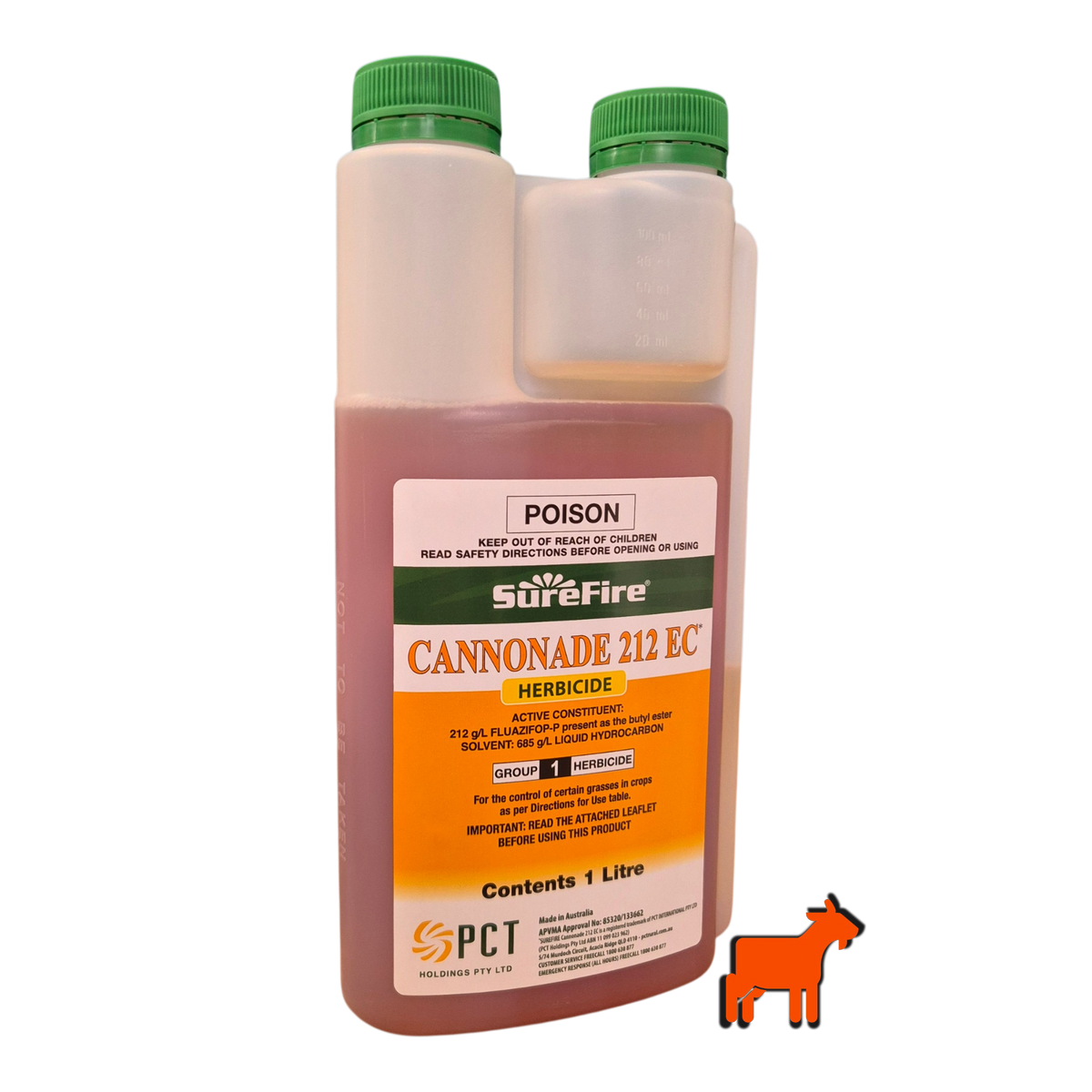 Cannonade 212 Herbicide 1L back label showing application rates for grass control in garden beds and ornamental areas