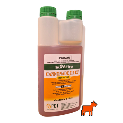 Cannonade 212 Herbicide 1L back label showing application rates for grass control in garden beds and ornamental areas