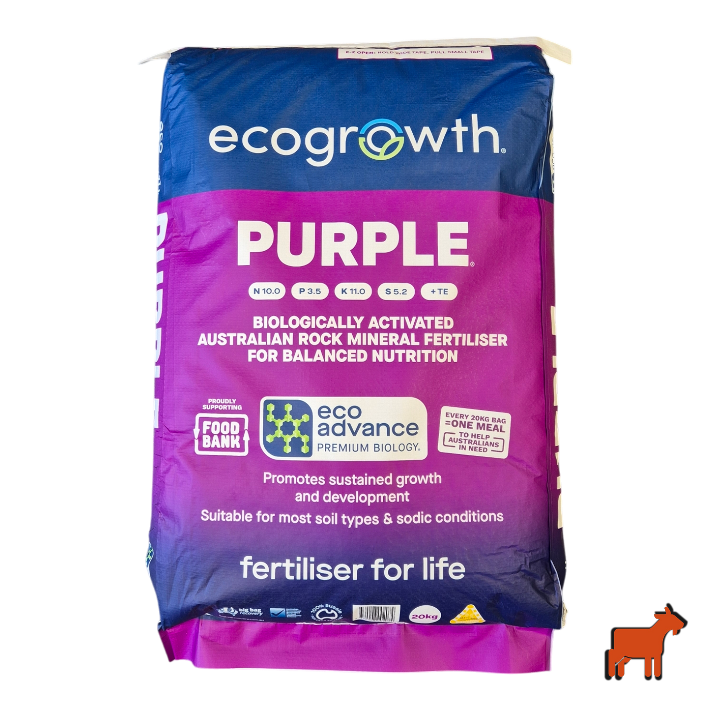 EcoGrowth Eco Prime Purple 20kg organic granular fertiliser bag – biologically activated NPK for sandy and saline Australian soils