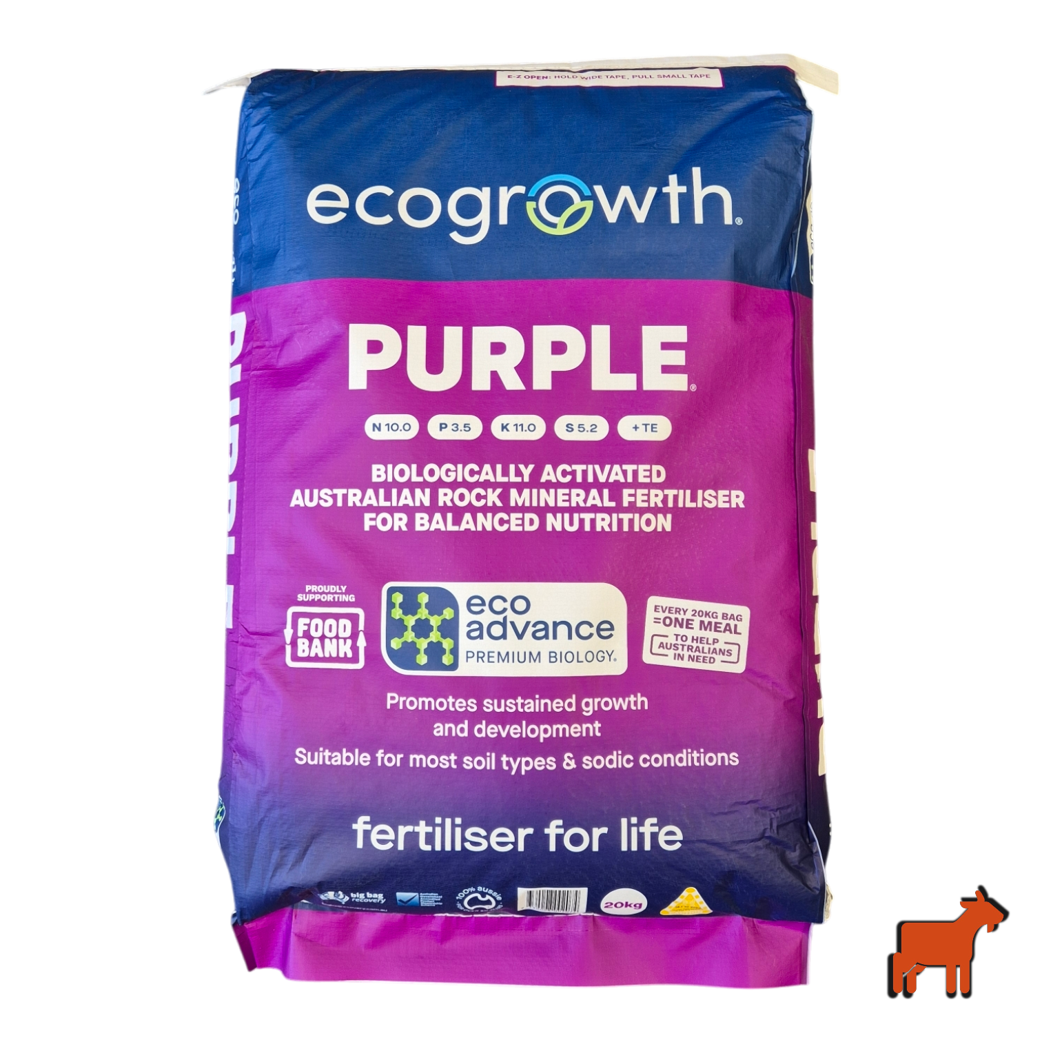 EcoGrowth Eco Prime Purple 20kg organic granular fertiliser bag – biologically activated NPK for sandy and saline Australian soils