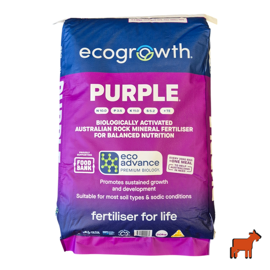 EcoGrowth Eco Prime Purple 20kg organic granular fertiliser bag – biologically activated NPK for sandy and saline Australian soils