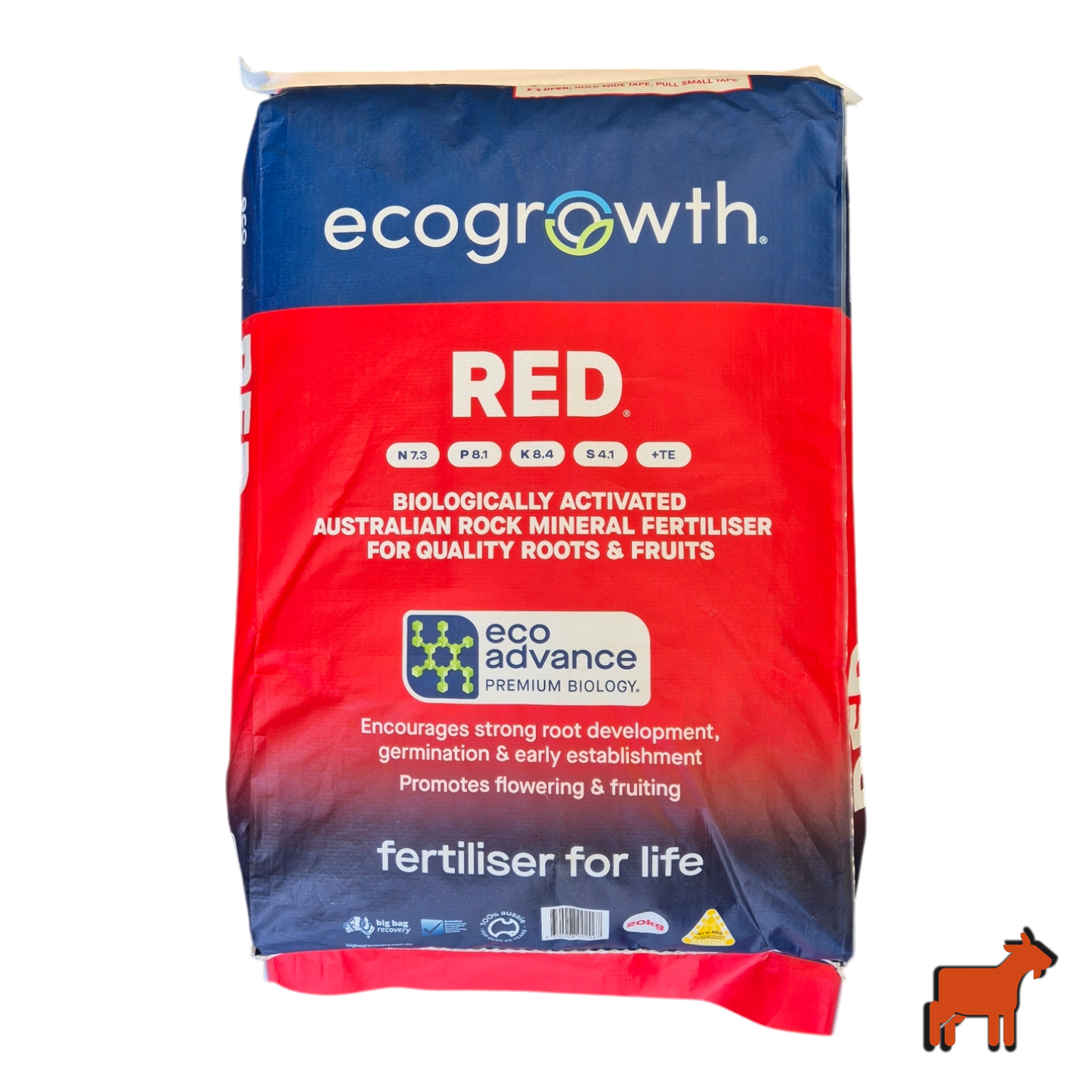 EcoGrowth Eco Prime Red 20kg organic granular lawn fertiliser with mycorrhizal biology – bag product shot