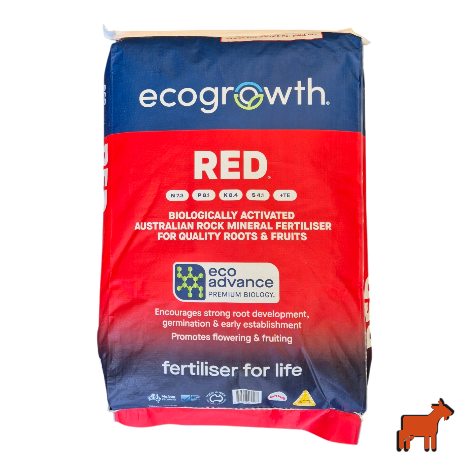 EcoGrowth Eco Prime Red 20kg organic granular lawn fertiliser with mycorrhizal biology – bag product shot