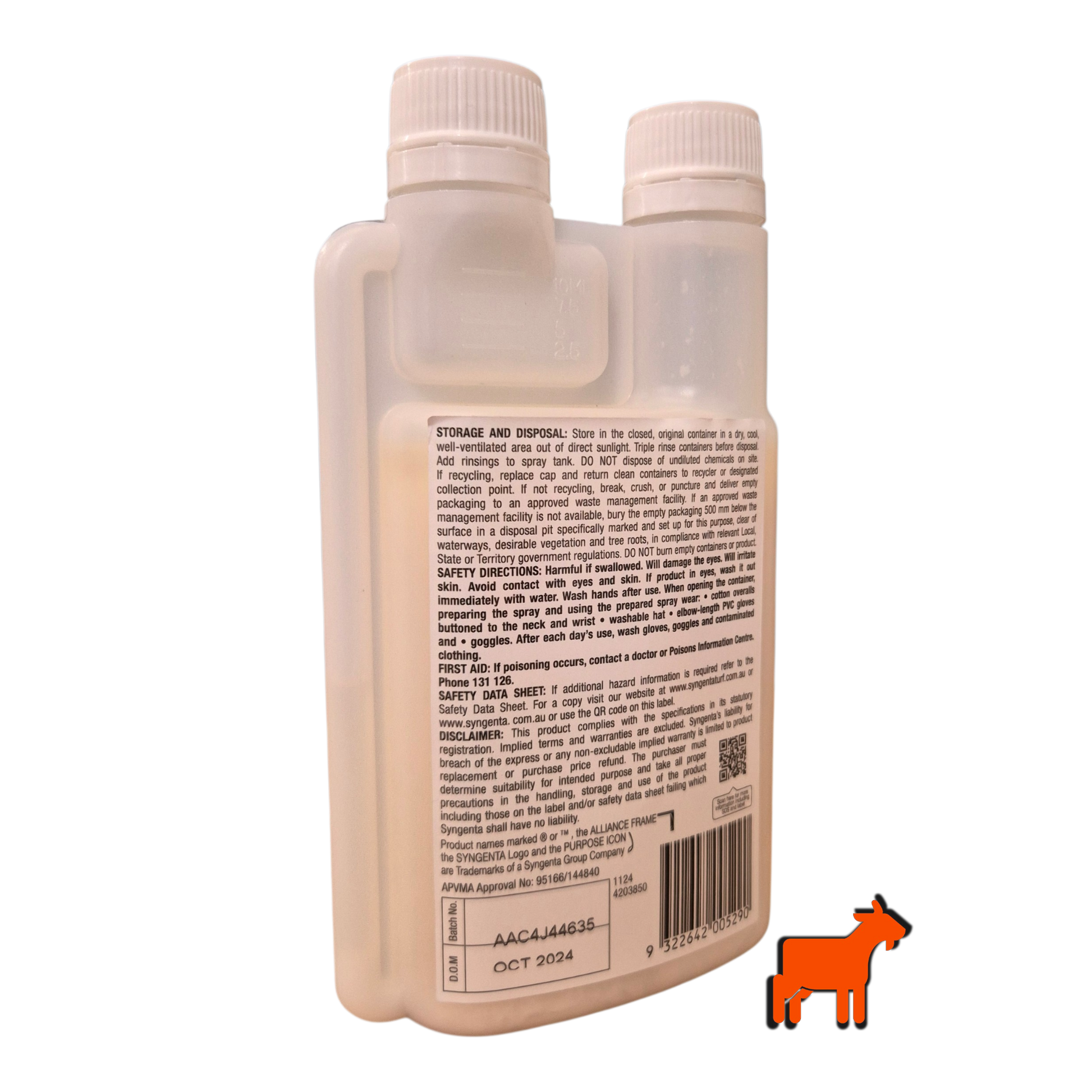 Estate Herbicide 250ml back label showing active ingredients MCPA, Clopyralid and Diflufenican